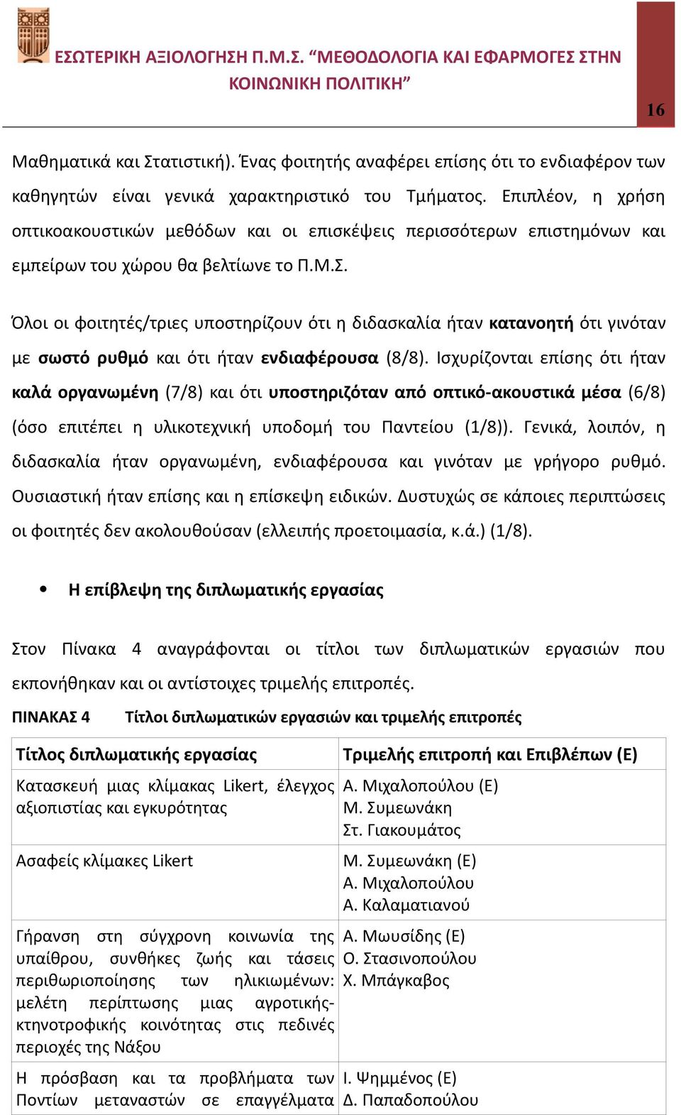 Όλοι οι φοιτητές/τριες υποστηρίζουν ότι η διδασκαλία ήταν κατανοητή ότι γινόταν με σωστό ρυθμό και ότι ήταν ενδιαφέρουσα (8/8).