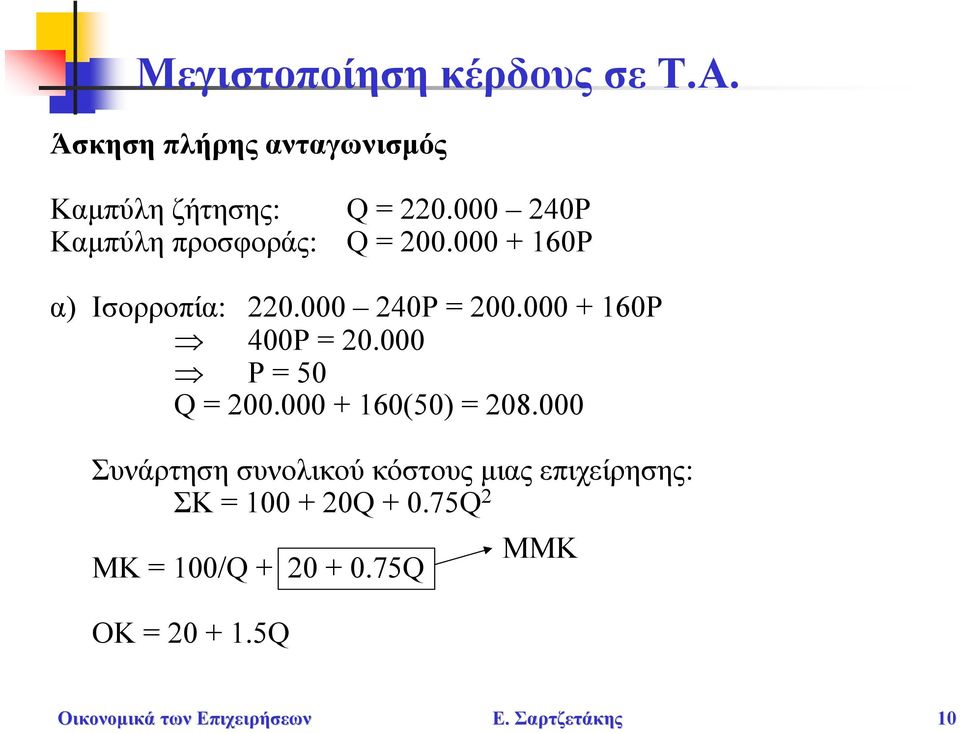 000 + 160Ρ α) Ισορροπία: 220.000 240Ρ = 200.000 + 160Ρ 400Ρ = 20.000 Ρ = 50 = 200.