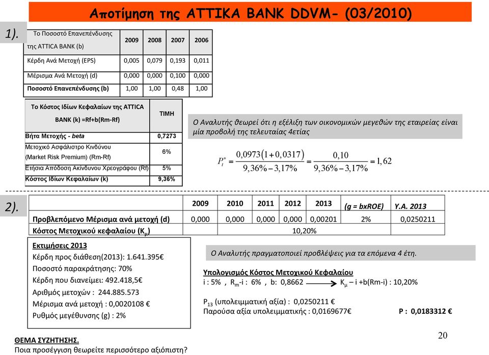 (Market Risk Premium) (Rm-Rf) Ετήσια Απόδοση Ακίνδυνου Χρεογράφου (Rf) 5% Κόστος Ιδίων Κεφαλαίων (k) 9,36% Ο Αναλυτής θεωρεί ότι η εξέλιξη των οικονομικών μεγεθών της εταιρείας είναι μία προβολή της