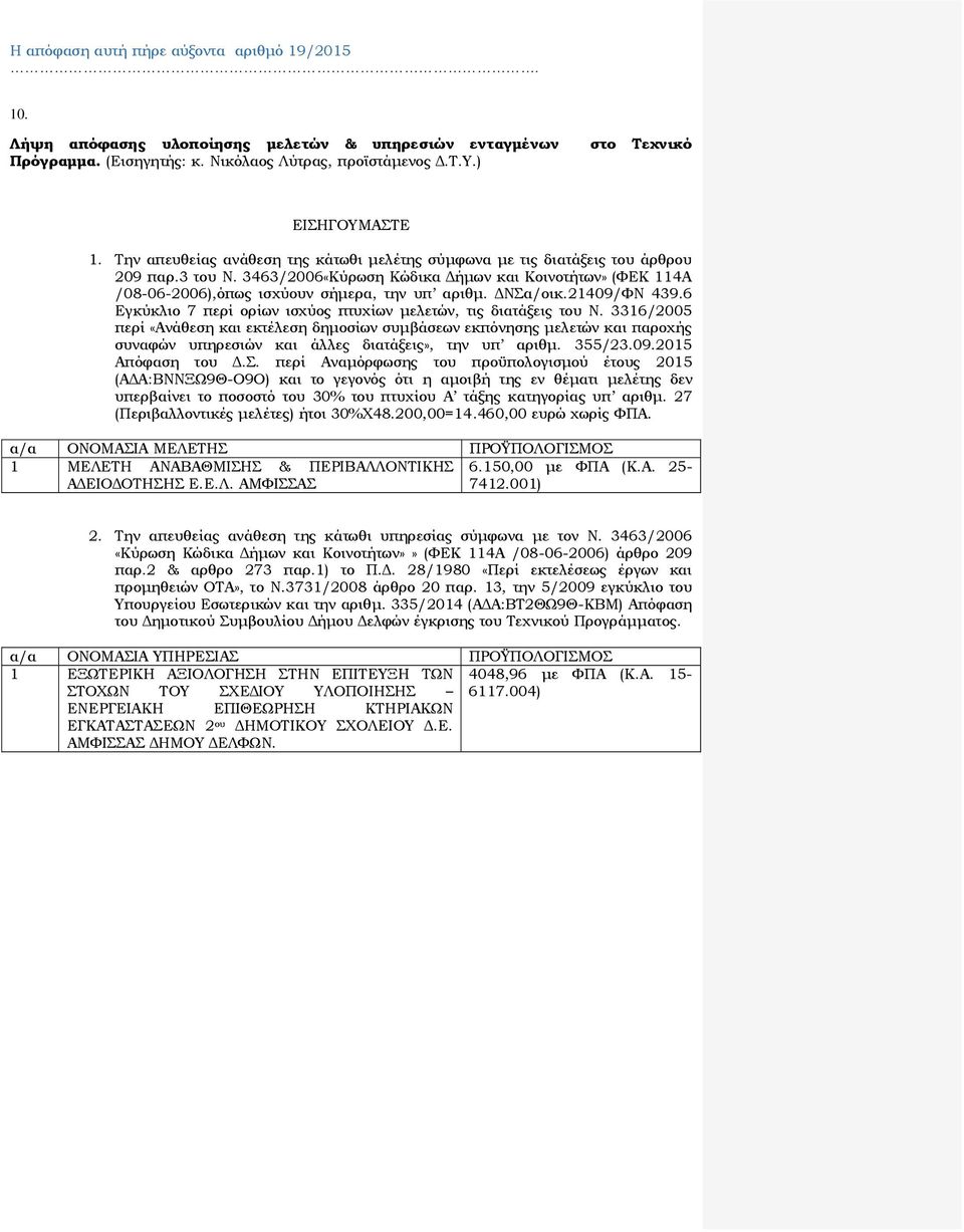 3463/2006«Κύρωση Κώδικα Δήμων και Κοινοτήτων» (ΦΕΚ 114Α /08-06-2006),όπως ισχύουν σήμερα, την υπ αριθμ. ΔΝΣα/οικ.21409/ΦΝ 439.6 Εγκύκλιο 7 περί ορίων ισχύος πτυχίων μελετών, τις διατάξεις του Ν.