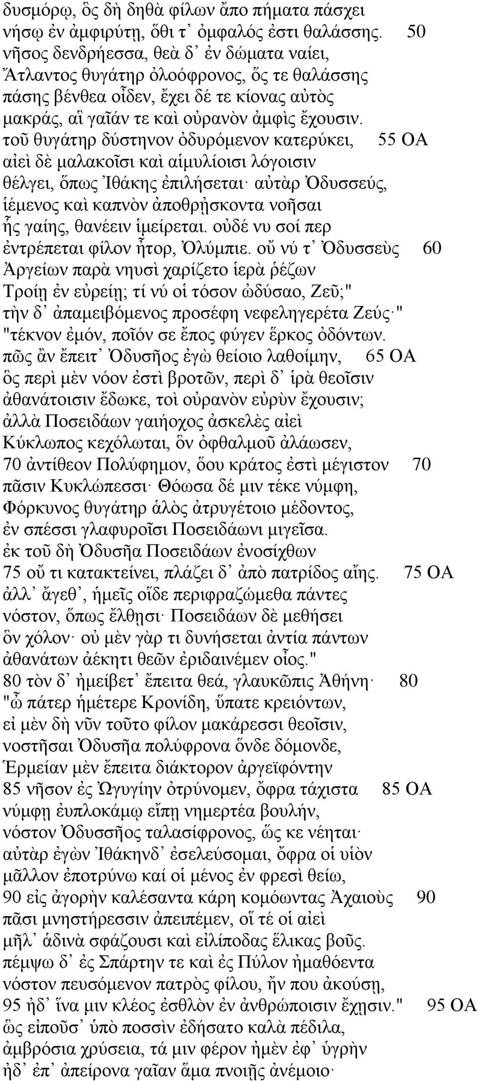 τοῦ θυγάτηρ δύστηνον ὀδυρόμενον κατερύκει, 55 ΟΑ αἰεὶ δὲ μαλακοῖσι καὶ αἱμυλίοισι λόγοισιν θέλγει, ὅπως Ἰθάκης ἐπιλήσεται αὐτὰρ Ὀδυσσεύς, ἱέμενος καὶ καπνὸν ἀποθρᾐσκοντα νοῆσαι ἧς γαίης, θανέειν