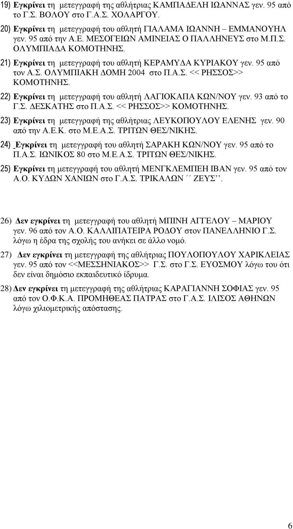 22) Εγκρίνει τη μετεγγραφή του αθλητή ΛΑΓΙΟΚΑΠΑ ΚΩΝ/ΝΟΥ γεν. 93 από το Γ.Σ. ΔΕΣΚΑΤΗΣ στο Π.Α.Σ. << ΡΗΣΣΟΣ>> ΚΟΜΟΤΗΝΗΣ. 23) Εγκρίνει τη μετεγγραφή της αθλήτριας ΛΕΥΚΟΠΟΥΛΟΥ ΕΛΕΝΗΣ γεν. 90 από την Α.Ε.Κ. στο Μ.