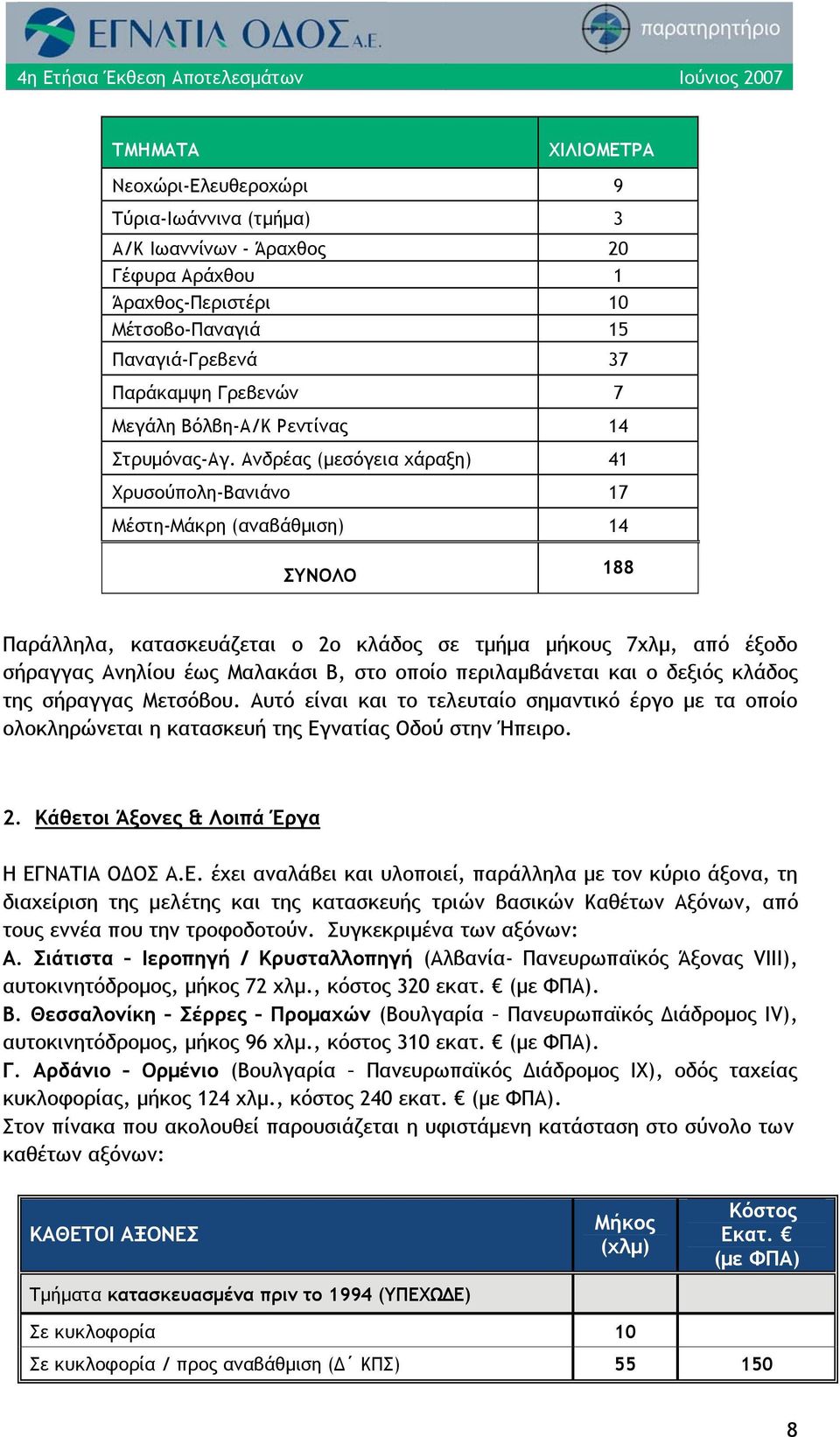 Ανδρέας (μεσόγεια χάραξη) 41 Χρυσούπολη-Βανιάνο 17 Μέστη-Μάκρη (αναβάθμιση) 14 ΣΥΝΟΛΟ 188 Παράλληλα, κατασκευάζεται ο 2ο κλάδος σε τμήμα μήκους 7χλμ, από έξοδο σήραγγας Ανηλίου έως Μαλακάσι Β, στο