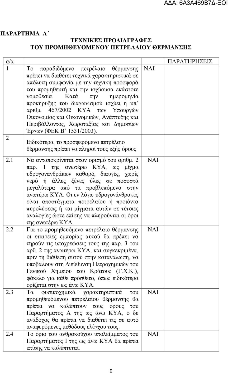 467/2002 ΚΥΑ των Υπουργών Οικονομίας και Οικονομικών, Ανάπτυξης και Περιβάλλοντος, Χωροταξίας και Δημοσίων Έργων (ΦΕΚ Β 1531/2003).