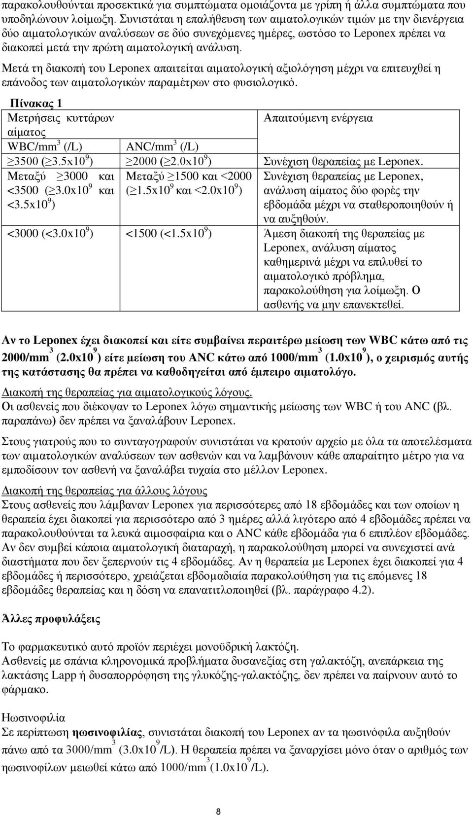 Μετά τη διακοπή του Leponex απαιτείται αιµατολογική αξιολόγηση µέχρι να επιτευχθεί η επάνοδος των αιµατολογικών παραµέτρων στο φυσιολογικό.