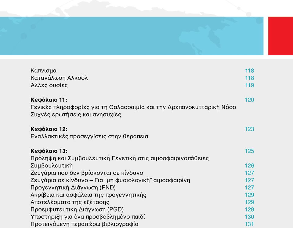 126 Ζευγάρια που δεν βρίσκονται σε κίνδυνο 127 Ζευγάρια σε κίνδυνο Για μη φυσιολογική αιμοσφαιρίνη 127 Προγεννητική Διάγνωση (PND) 127 Ακρίβεια και ασφάλεια της