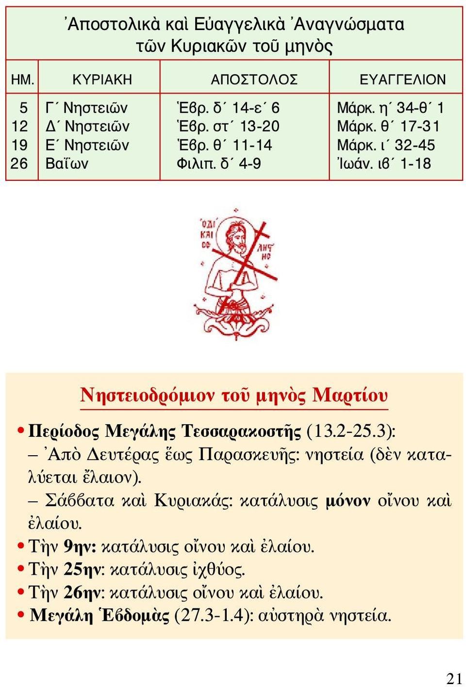 ιβ 1-18 Νηστειοδρόμιον τοῦ μηνὸς Μαρτίου Περίοδος Μεγάλης Τεσσαρακοστῆς (13.2-25.3): Απὸ Δευτέρας ἕως Παρασκευῆς: νηστεία (δὲν καταλύεται ἔλαιον).