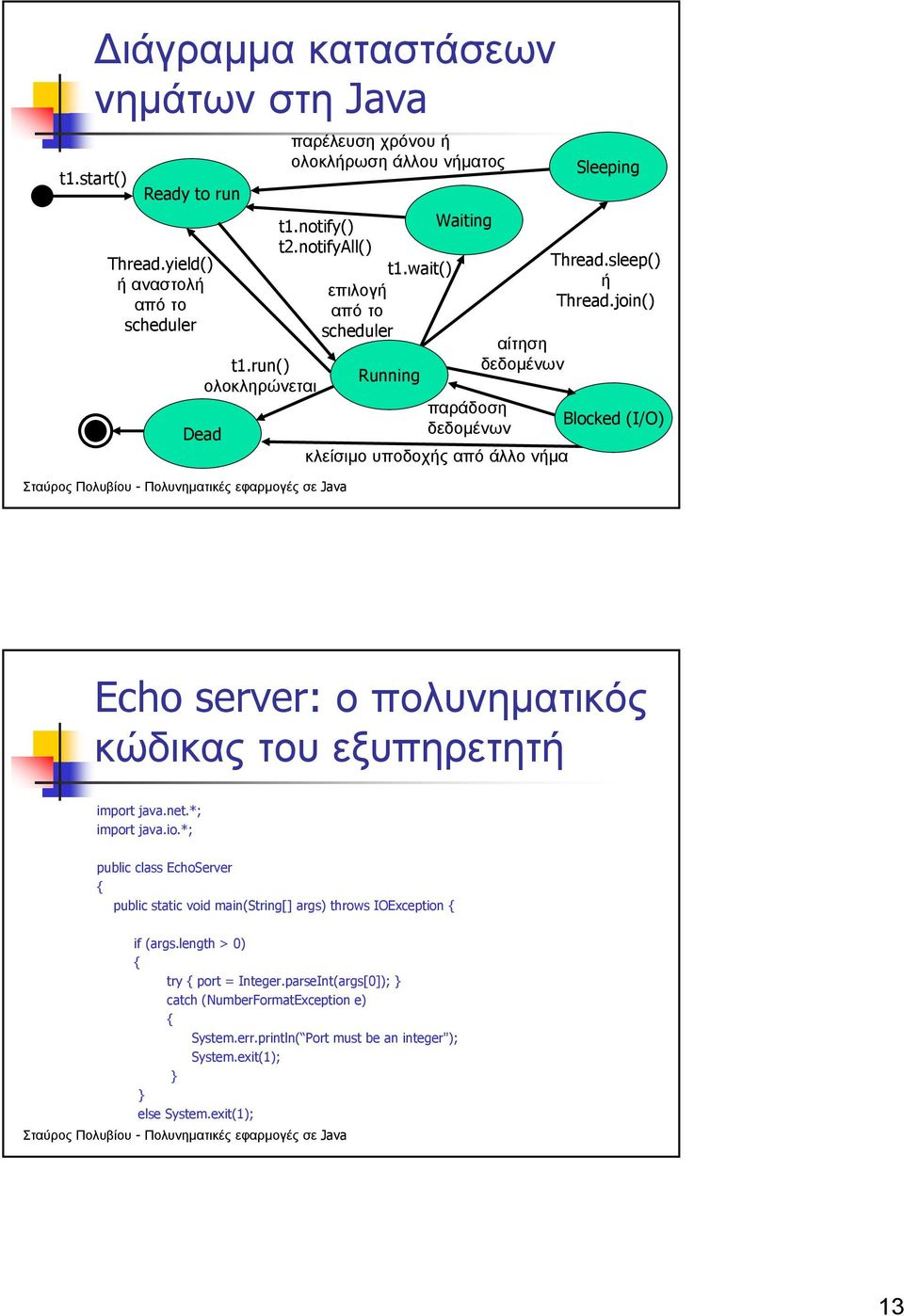 join() Blocked (I/O) Echo server: ο πολυνηµατικός κώδικας του εξυπηρετητή import java.net.*; import java.io.