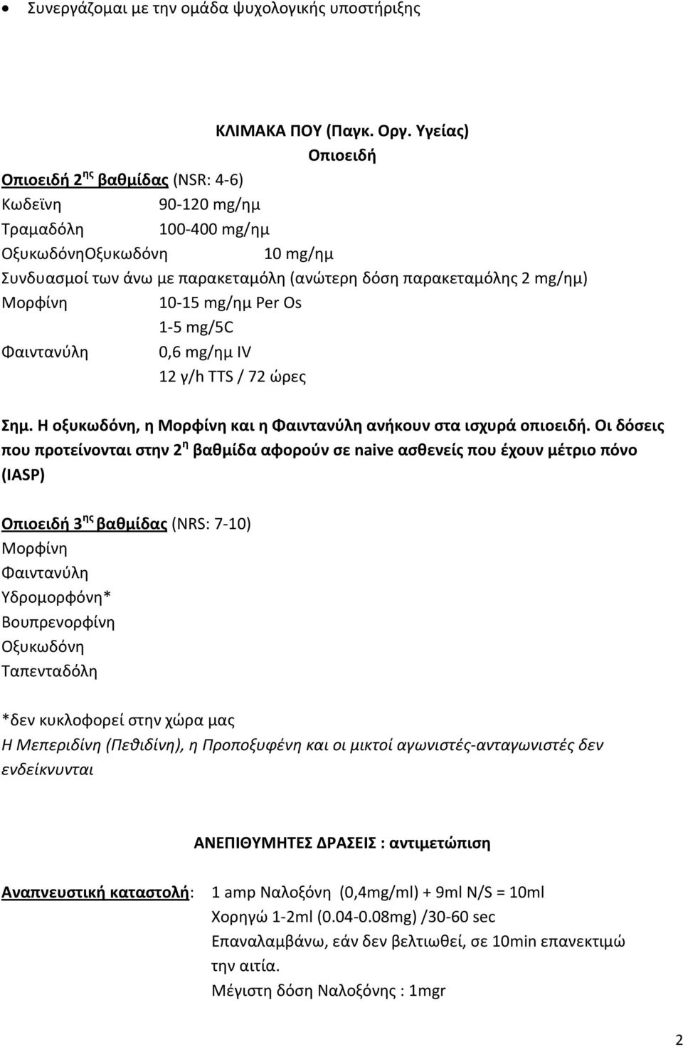 Μορφίνη 10-15 mg/ημ Per Os 1-5 mg/5c Φαιντανύλη 0,6 mg/ημ IV 12 γ/h TTS / 72 ώρες Σημ. Η οξυκωδόνη, η Μορφίνη και η Φαιντανύλη ανήκουν στα ισχυρά οπιοειδή.