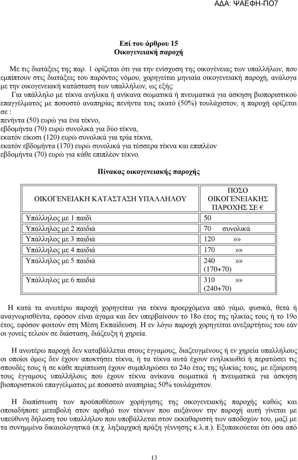 υπαλλήλων, ως εξής: Για υπάλληλο με τέκνα ανήλικα ή ανίκανα σωματικά ή πνευματικά για άσκηση βιοποριστικού επαγγέλματος με ποσοστό αναπηρίας πενήντα τοις εκατό (50%) τουλάχιστον, η παροχή ορίζεται σε