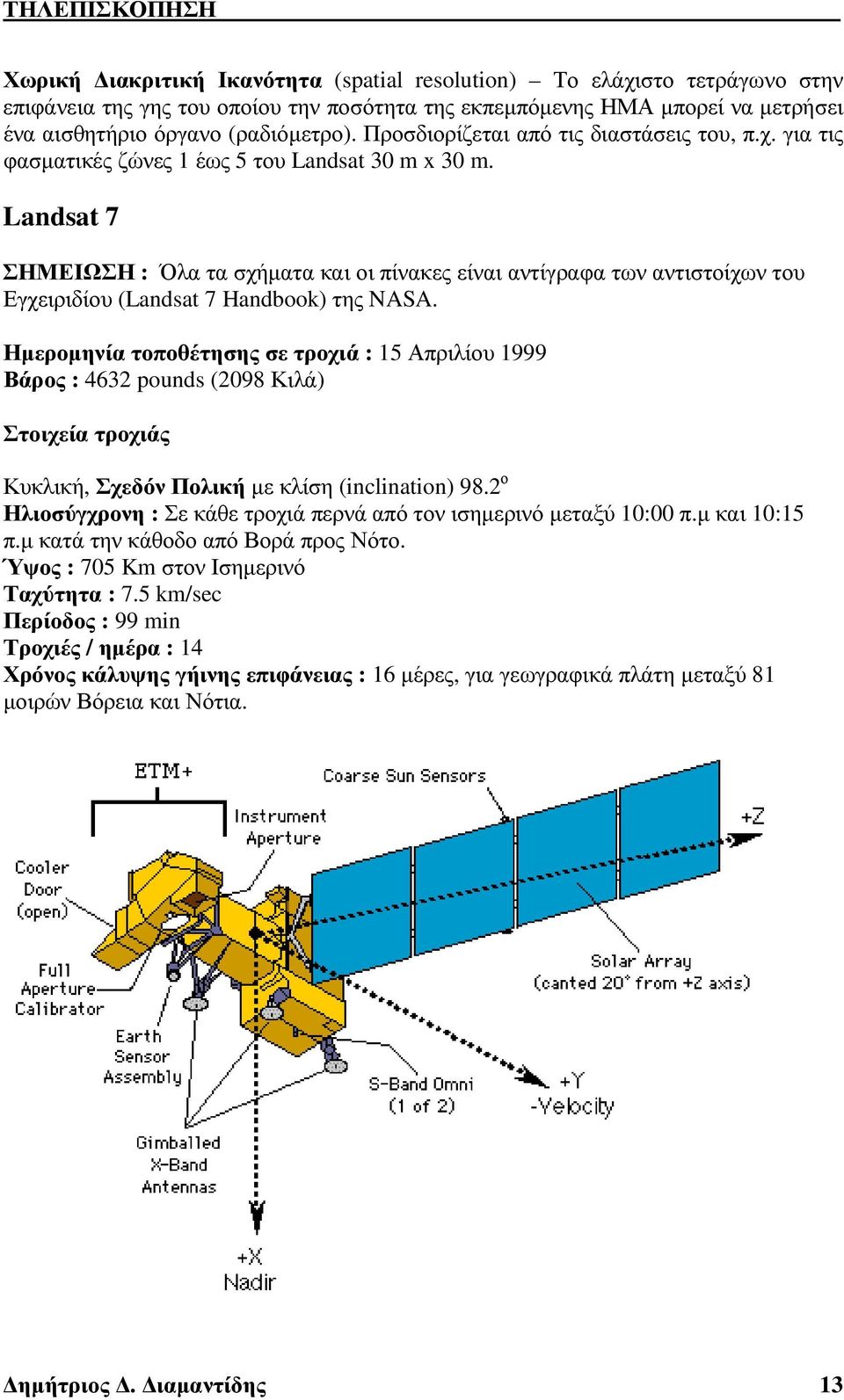 7 Hndbook) της NASA Ηµεροµηνία τοποθέτησης σε τροχιά : 5 Απριλίου 999 Βάρος : 463 pounds (098 Κιλά) Στοιχεία τροχιάς Κυκλική, Σχεδόν Πολική µε κλίση (inclintion) 98 ο Ηλιοσύγχρονη : Σε κάθε τροχιά