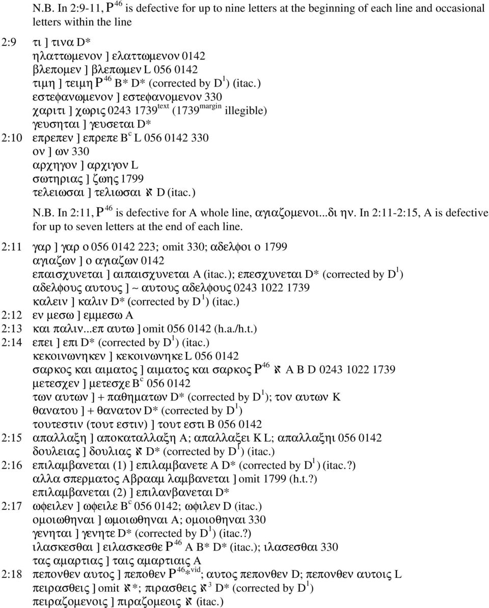 ) εστεφανωµενον ] εστεφανοµενον 330 χαριτι ] χωρις 0243 1739 text (1739 margin illegible) γευσηται ] γευσεται D* 2:10 επρεπεν ] επρεπε B c L 056 0142 330 ον ] ων 330 αρχηγον ] αρχιγον L σωτηριας ]