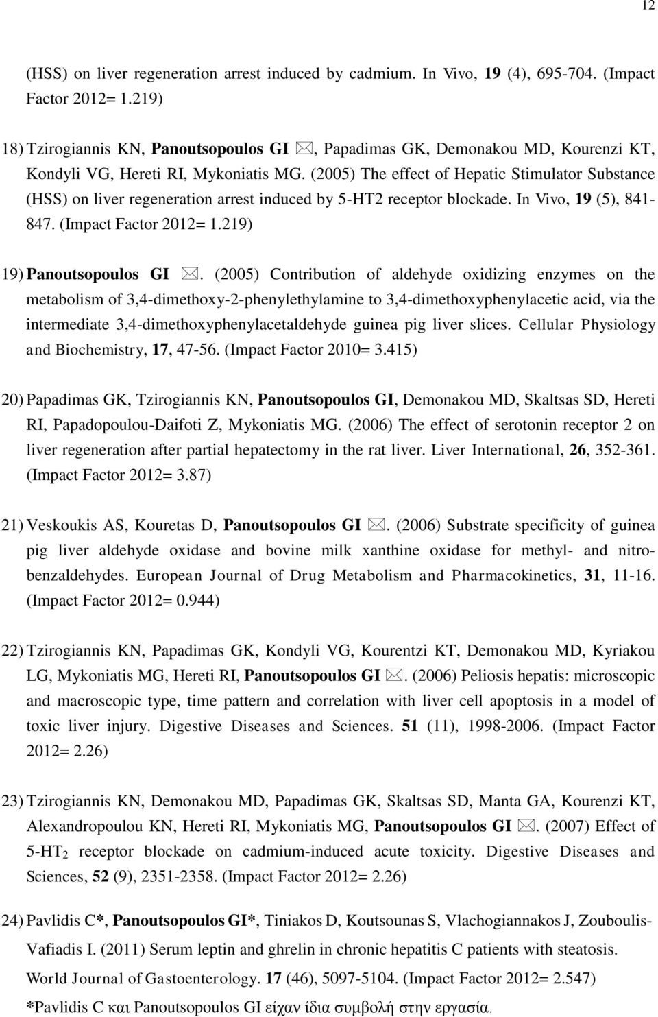 (2005) The effect of Hepatic Stimulator Substance (HSS) on liver regeneration arrest induced by 5-HT2 receptor blockade. In Vivo, 19 (5), 841-847. (Impact Factor 2012= 1.219) 19) Panoutsopoulos GI.