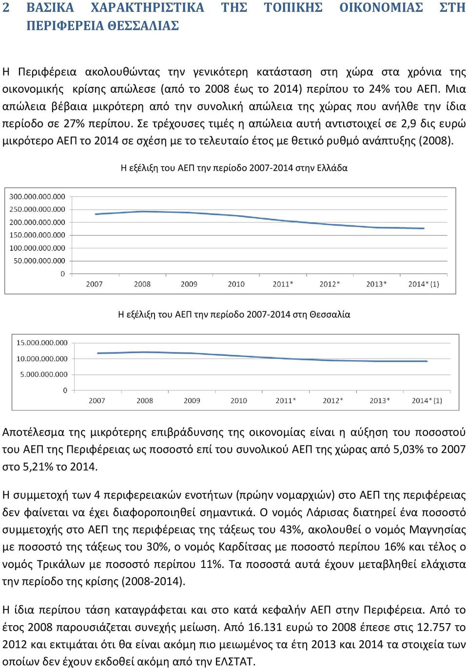 Σε τρέχουσες τιμές η απώλεια αυτή αντιστοιχεί σε 2,9 δις ευρώ μικρότερο ΑΕΠ το 2014 σε σχέση με το τελευταίο έτος με θετικό ρυθμό ανάπτυξης (2008).