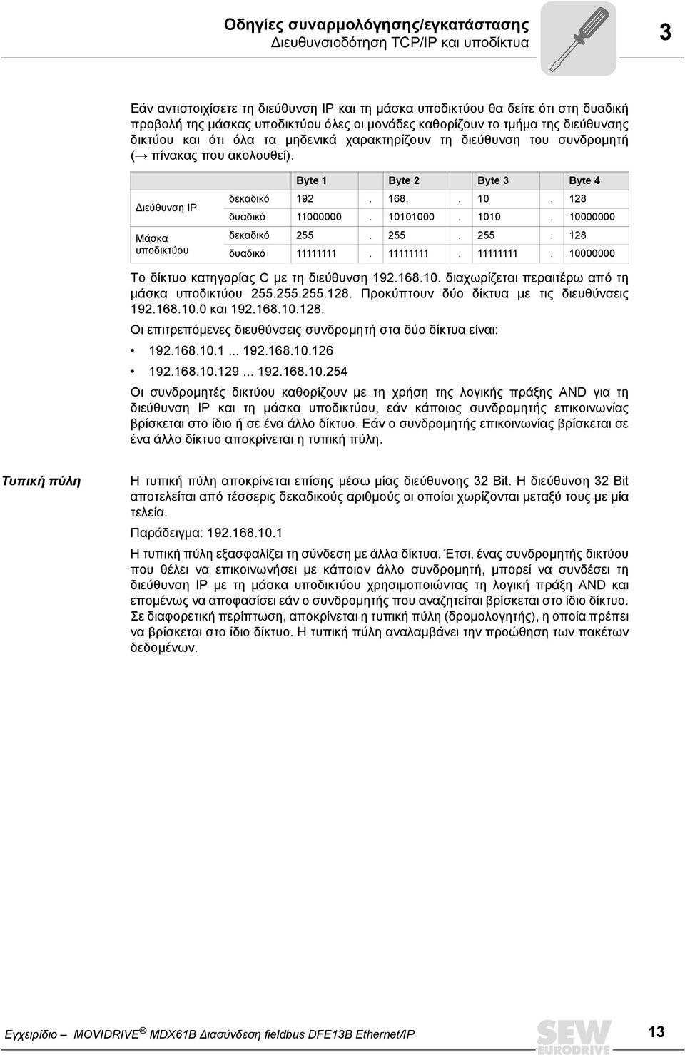 ιεύθυνση IP Μάσκα υποδικτύου Byte 1 Byte 2 Byte 3 Byte 4 δεκαδικό 192. 168.. 10. 128 δυαδικό 11000000. 10101000. 1010. 10000000 δεκαδικό 255. 255. 255. 128 δυαδικό 11111111.