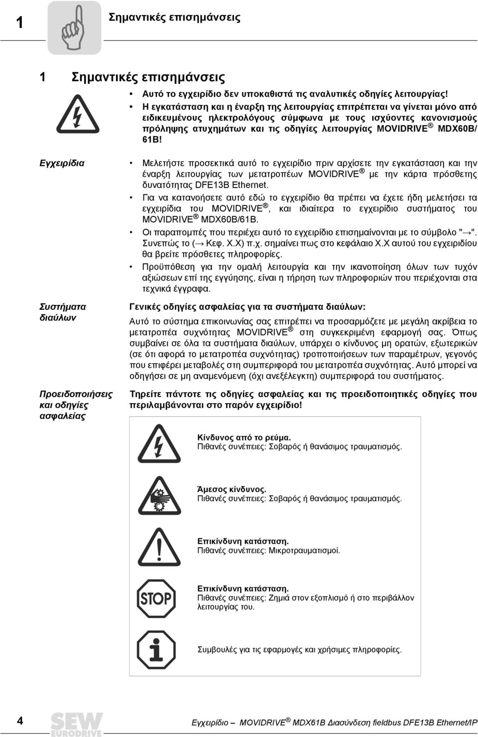 MDX60B/ 61B! Εγχειρίδια Μελετήστε προσεκτικά αυτό το εγχειρίδιο πριν αρχίσετε την εγκατάσταση και την έναρξη λειτουργίας των µετατροπέων MOVIDRIVE µε την κάρτα πρόσθετης δυνατότητας DFE13B Ethernet.