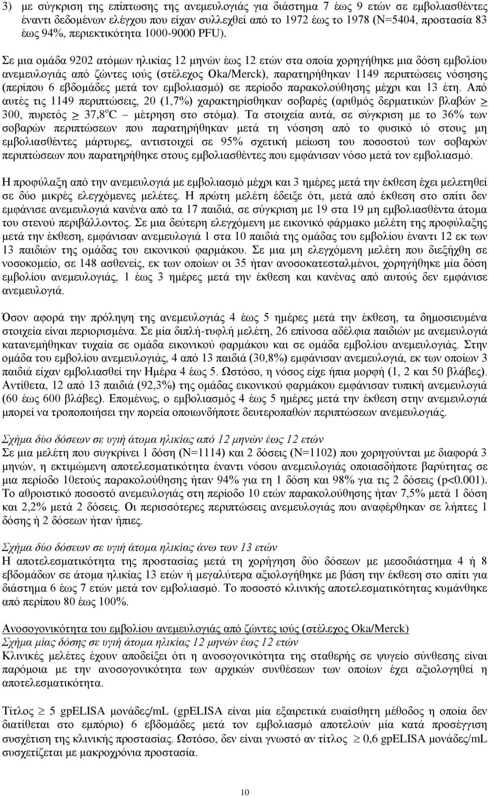 Σε μια ομάδα 9202 ατόμων ηλικίας 12 μηνών έως 12 ετών στα οποία χορηγήθηκε μια δόση εμβολίου ανεμευλογιάς από ζώντες ιούς (στέλεχος Οka/Merck), παρατηρήθηκαν 1149 περιπτώσεις νόσησης (περίπου 6