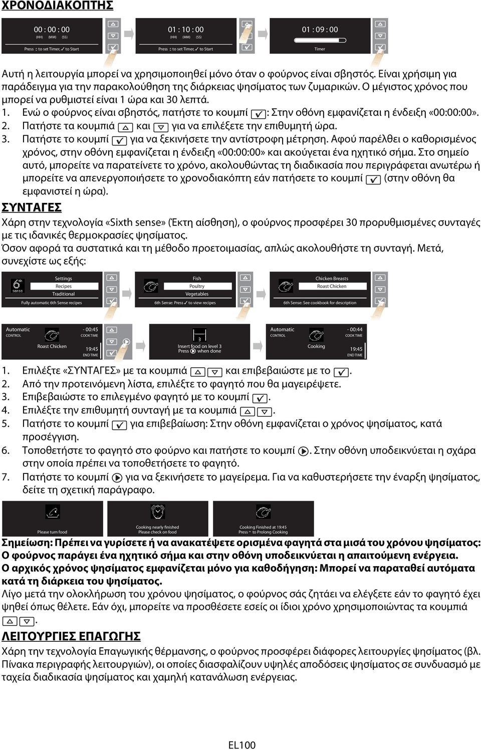 ώρα και 30 λεπτά. 1. Ενώ ο φούρνος είναι σβηστός, πατήστε το κουμπί : Στην οθόνη εμφανίζεται η ένδειξη «00:00:00». 2. Πατήστε τα κουμπιά και για να επιλέξετε την επιθυμητή ώρα. 3. Πατήστε το κουμπί για να ξεκινήσετε την αντίστροφη μέτρηση.