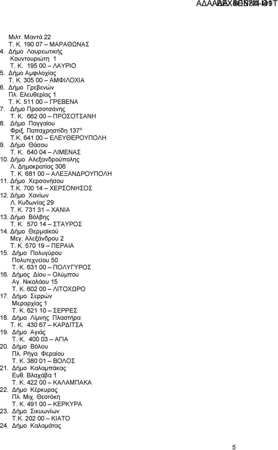 Δήμο Χερσονήσου Τ.Κ. 700 14 ΧΕΡΣΟΝΗΣΟΣ 12. Δήμο Χανίων Λ. Κυδωνίας 29 Τ. Κ. 731 31 ΧΑΝΙΑ 13. Δήμο Βόλβης Τ. Κ. 570 14 ΣΤΑΥΡΟΣ 14. Δήμο Θερμαϊκού Μεγ. Αλεξάνδρου 2 Τ. Κ. 570 19 ΠΕΡΑΙΑ 15.