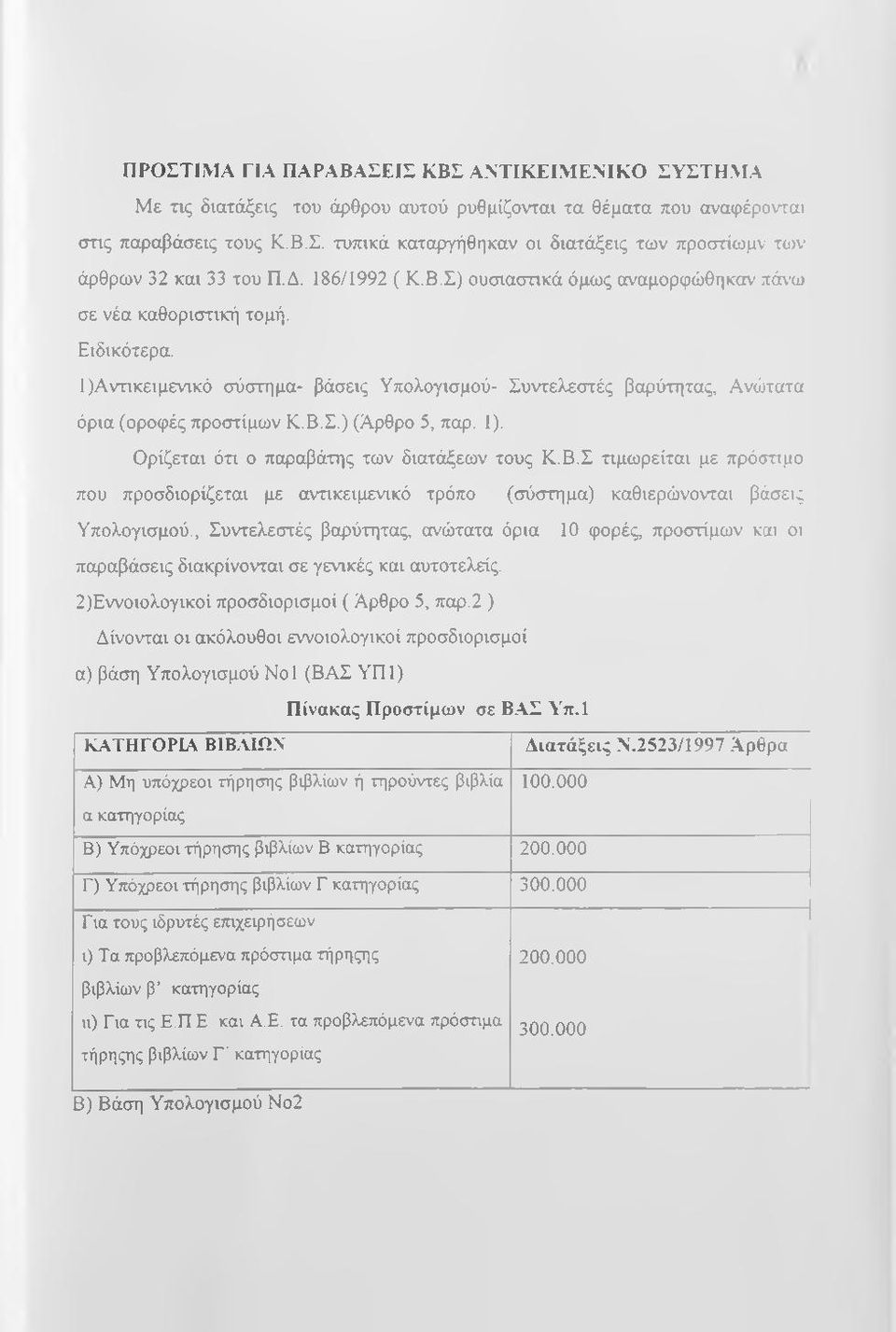 1). Ορίζεται ότι ο παραβάτης των διατάξεων τους Κ.Β.Σ τιμωρείται με πρόστιμο που προσδιορίζεται με αντικειμενικό τρόπο (σύστημα) καθιερώνονται βάσεις Υπολογισμού.