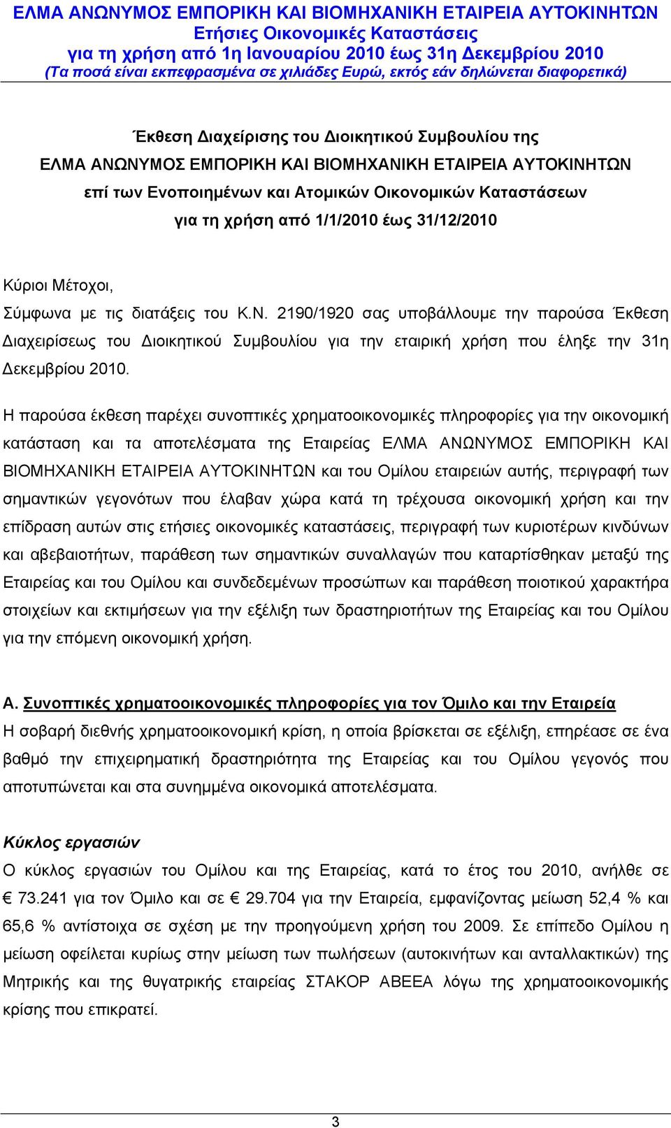 Η παρούσα έκθεση παρέχει συνοπτικές χρηματοοικονομικές πληροφορίες για την οικονομική κατάσταση και τα αποτελέσματα της Εταιρείας ΕΛΜΑ ΑΝΩΝΥΜΟΣ ΕΜΠΟΡΙΚΗ ΚΑΙ ΒΙΟΜΗΧΑΝΙΚΗ ΕΤΑΙΡΕΙΑ ΑΥΤΟΚΙΝΗΤΩΝ και του