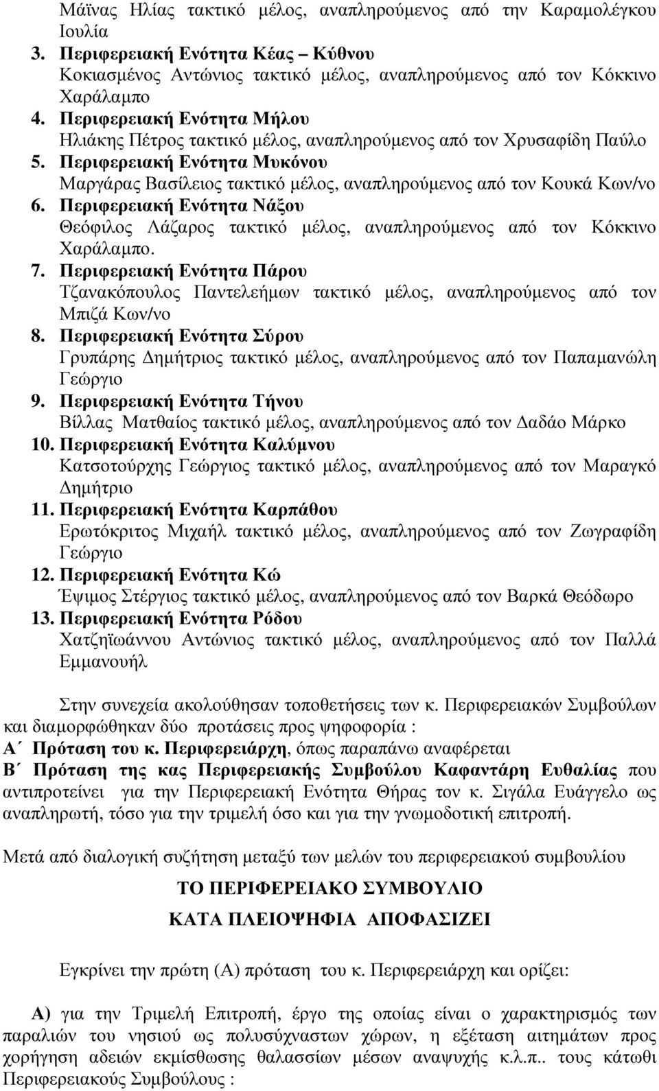 Περιφερειακή Ενότητα Νάξου Θεόφιλος Λάζαρος τακτικό µέλος, αναπληρούµενος από τον Κόκκινο Χαράλαµπο. 7.