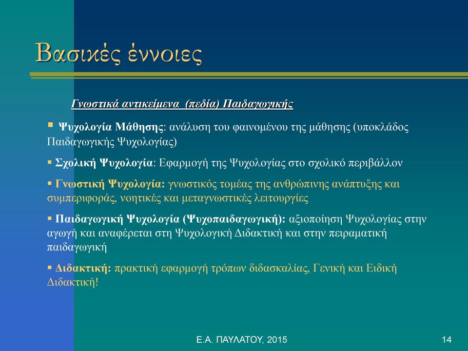 συμπεριφοράς, νοητικές και μεταγνωστικές λειτουργίες Παιδαγωγική Ψυχολογία (Ψυχοπαιδαγωγική): αξιοποίηση Ψυχολογίας στην αγωγή και αναφέρεται