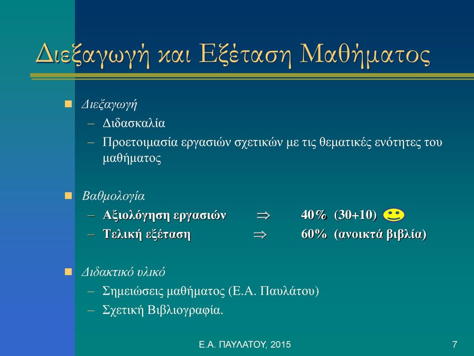 εργασιών 40% (30+10) Τελική εξέταση 60% (ανοικτά βιβλία) Διδακτικό υλικό