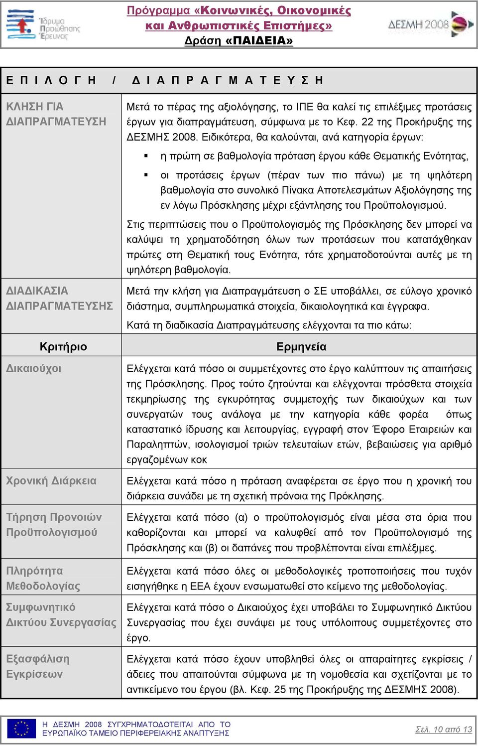 Ειδικότερα, θα καλούνται, ανά κατηγορία έργων: η πρώτη σε βαθµολογία πρόταση έργου κάθε Θεµατικής Ενότητας, οι προτάσεις έργων (πέραν των πιο πάνω) µε τη ψηλότερη βαθµολογία στο συνολικό Πίνακα