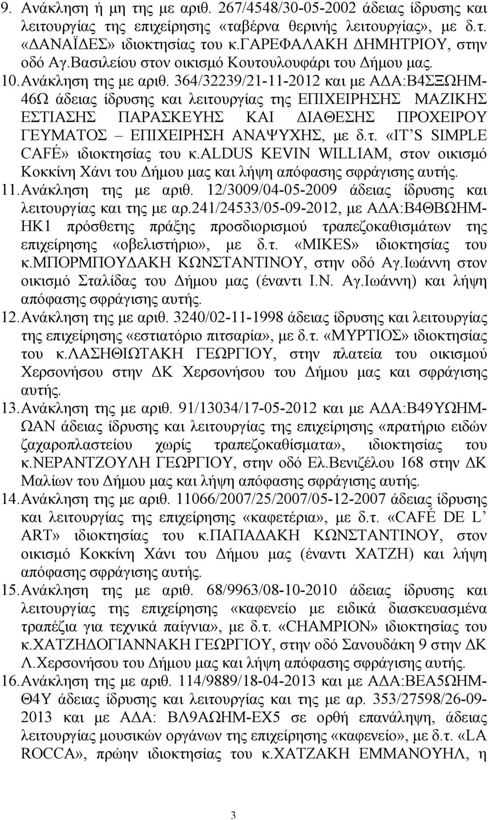 364/32239/21-11-2012 και µε Α Α:Β4ΣΞΩΗΜ- 46Ω άδειας ίδρυσης και λειτουργίας της ΕΠΙΧΕΙΡΗΣΗΣ ΜΑΖΙΚΗΣ ΕΣΤΙΑΣΗΣ ΠΑΡΑΣΚΕΥΗΣ ΚΑΙ ΙΑΘΕΣΗΣ ΠΡΟΧΕΙΡΟΥ ΓΕΥΜΑΤΟΣ ΕΠΙΧΕΙΡΗΣΗ ΑΝΑΨΥΧΗΣ, µε δ.τ. «IT S SIMPLE CAFÉ» ιδιοκτησίας του κ.