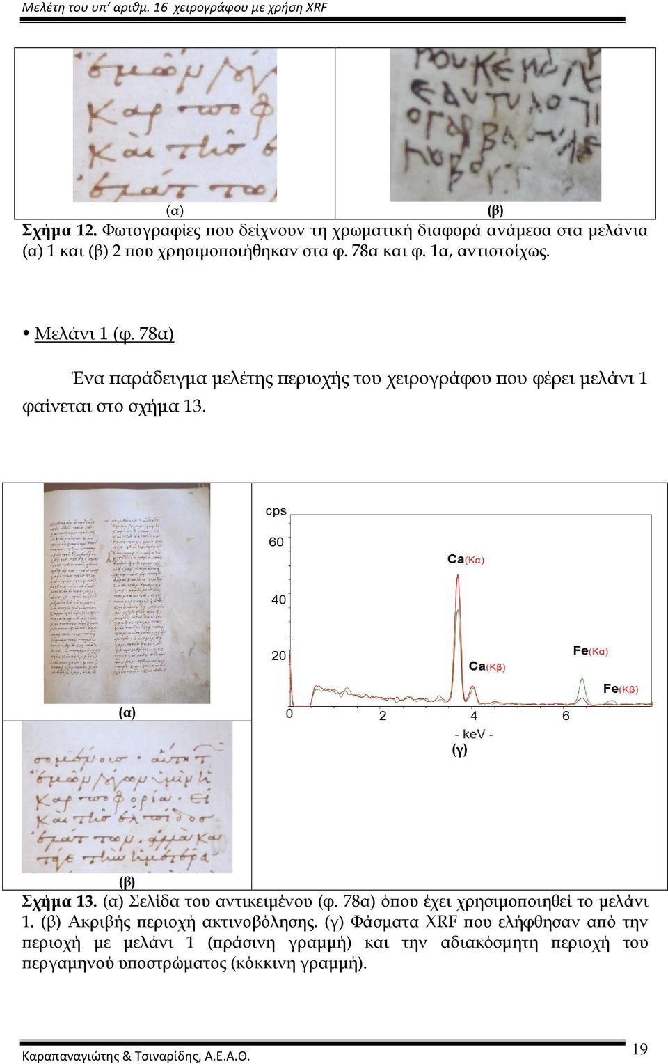 (α) (γ) (β) Σχήµα 13. (α) Σελίδα του αντικειµένου (φ. 78α) όϖου έχει χρησιµοϖοιηθεί το µελάνι 1. (β) Ακριβής ϖεριοχή ακτινοβόλησης.