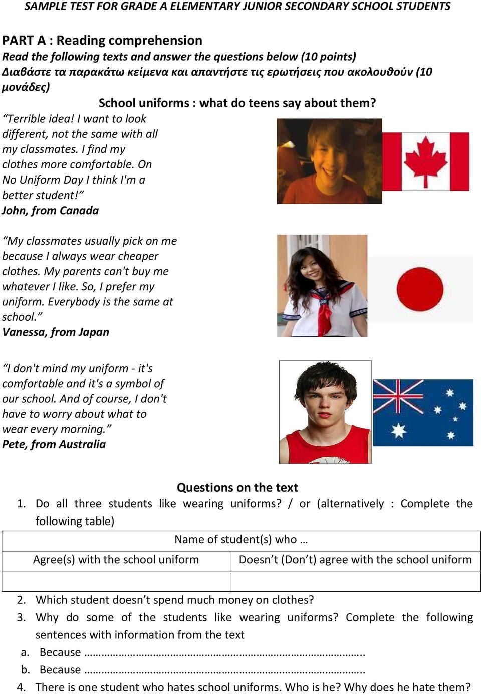 I find my clothes more comfortable. On No Uniform Day I think I'm a better student! John, from Canada My classmates usually pick on me because I always wear cheaper clothes.