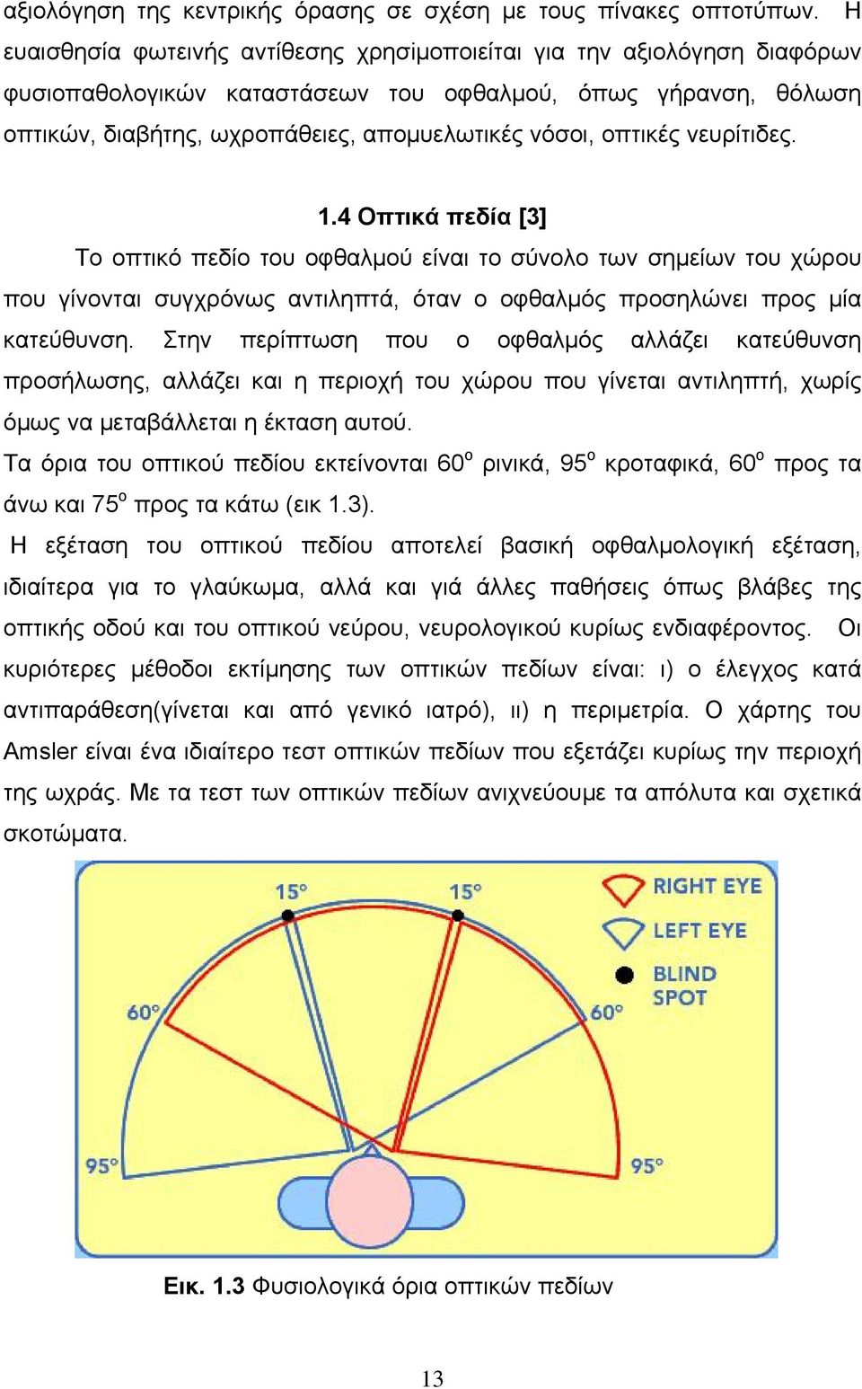 οπτικές νευρίτιδες. 1.4 Οπτικά πεδία [3] Το οπτικό πεδίο του οφθαλμού είναι το σύνολο των σημείων του χώρου που γίνονται συγχρόνως αντιληπτά, όταν ο οφθαλμός προσηλώνει προς μία κατεύθυνση.