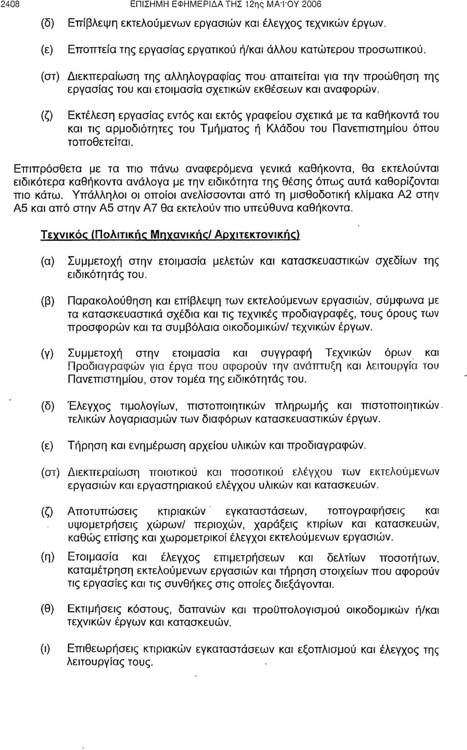 (ζ) Εκτέλεση εργασίας εντός και εκτός γραφείου σχετικά με τα καθήκοντα του και τις αρμοδιότητες του Τμήματος ή Κλάδου του Πανεπιστημίου όπου τοποθετείται.