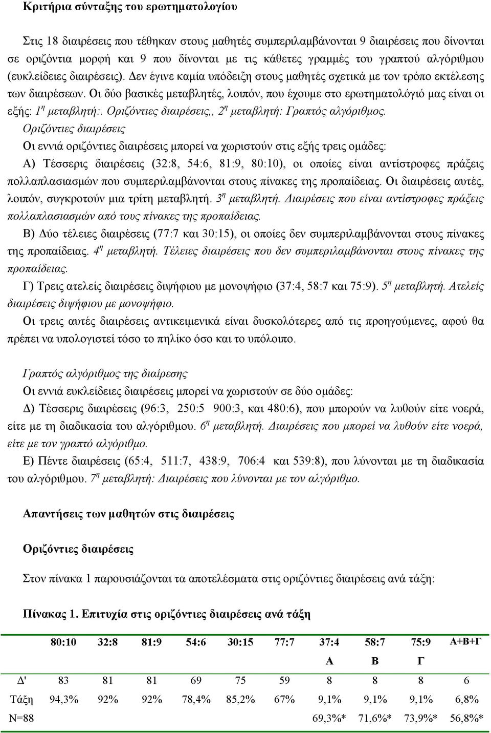 Οι δύο βασικές μεταβλητές, λοιπόν, που έχουμε στο ερωτηματολόγιό μας είναι οι εξής: 1 η μεταβλητή:. Οριζόντιες διαιρέσεις,, 2 η μεταβλητή: Γραπτός αλγόριθμος.