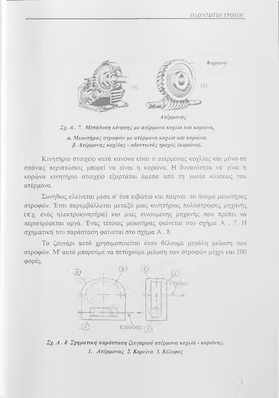 Η δυνατότητα να γίνει η κορώνα κινητήριο στοιχείο εξαρτάται άμεσα από τη γωνία κλίσεως του ατέρμονα. Συνήθως κλείνεται μέσα σ' ένα κιβώτιο και παίρνει το όνομα μειωτήρας στροφών.