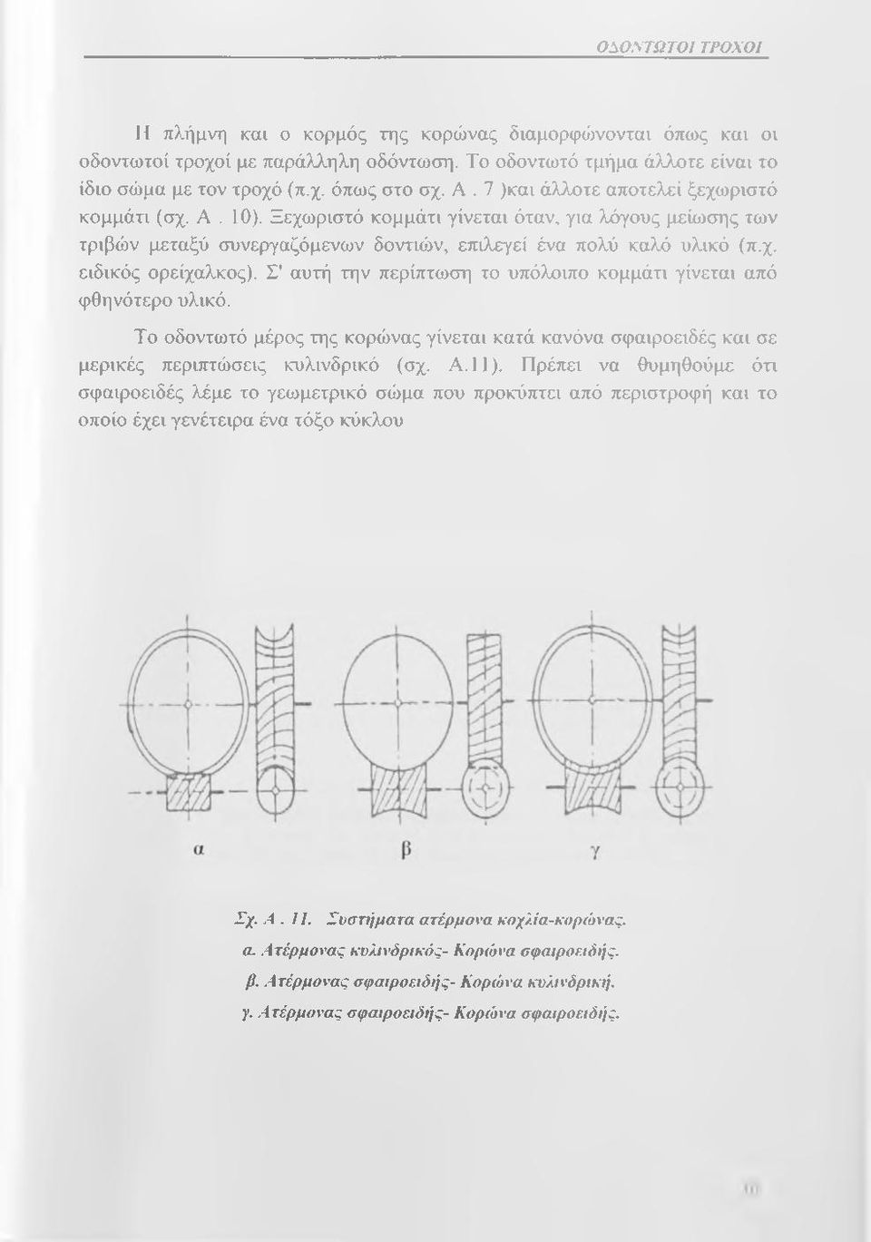 Σ' αυτή την περίπτωση το υπόλοιπο κομμάτι γίνεται από φθηνότερο υλικό. Το οδοντωτό μέρος της κορώνας γίνεται κατά κανόνα σφαιροειδές και σε μερικές περιπτώσεις κυλινδρικό (σχ. Α. 11).