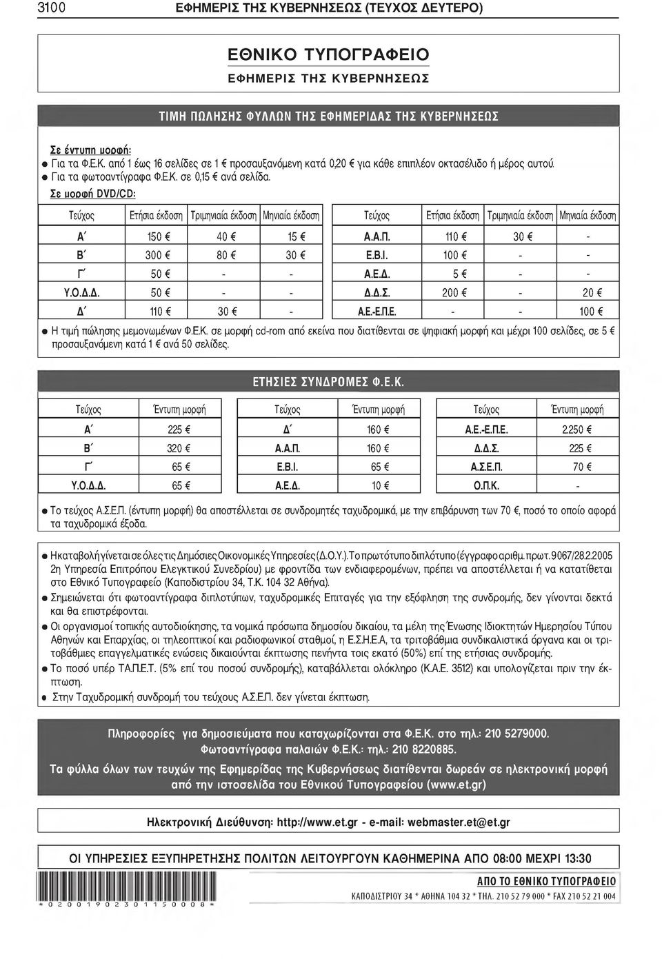 Δ. 50 - - Δ' 110 30 - Τεύχος Ετήσια έκδοση Τριμηνιαία έκδοση Μηνιαία έκδοση Α.Α.Π. 110 30 - Ε.Β.Ι. 100 - - Α.Ε.Δ. 5 - - Δ.Δ.Σ. 200-20 Α.Ε.-Ε.Π.Ε. - - 100 Η τιμή πώλησης μεμονωμένων Φ.Ε.Κ.