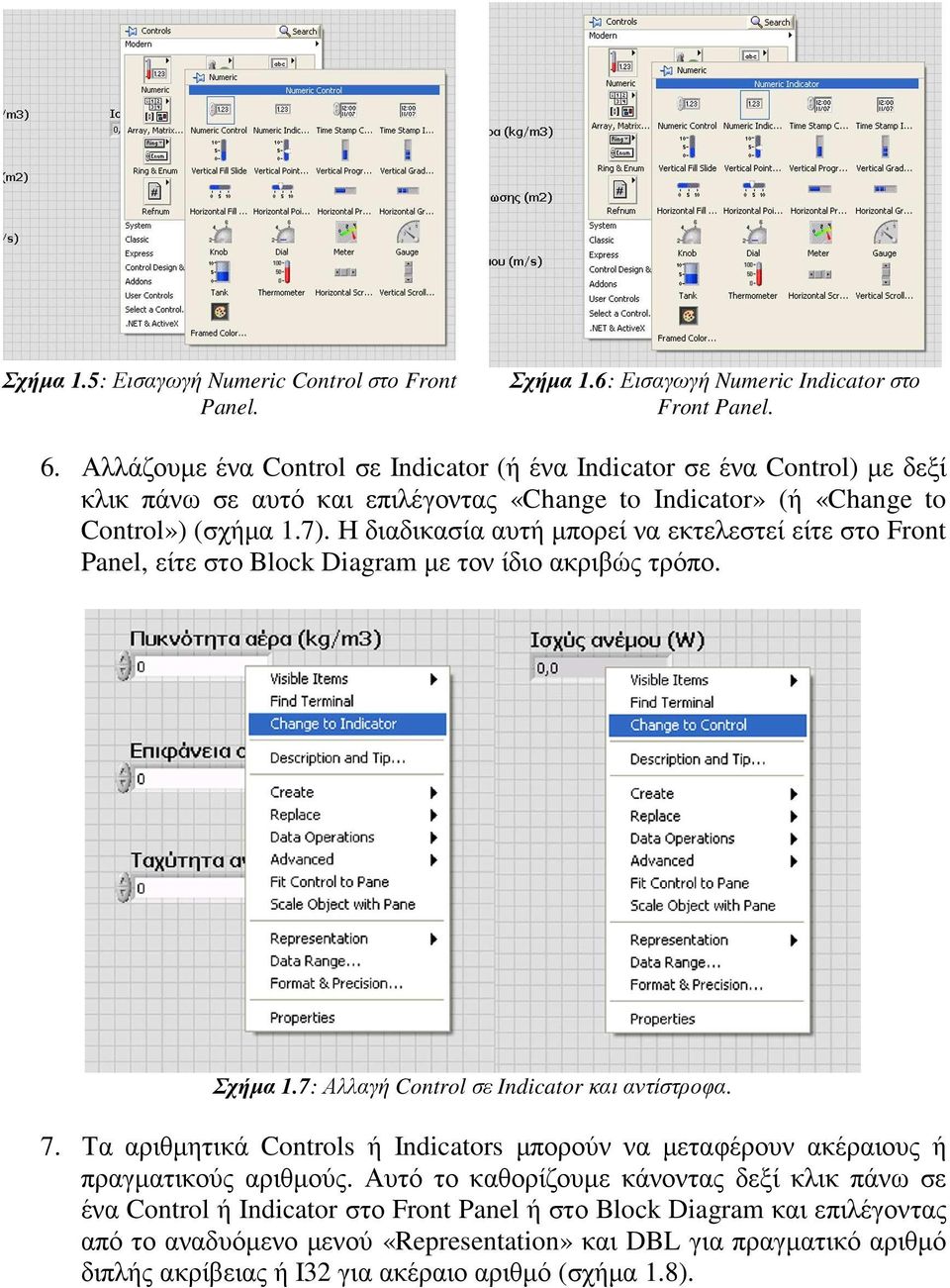 Η διαδικασία αυτή µπορεί να εκτελεστεί είτε στο Front Panel, είτε στο Block Diagram µε τον ίδιο ακριβώς τρόπο. Σχήµα 1.7: Αλλαγή Control σε Indicator και αντίστροφα. 7.