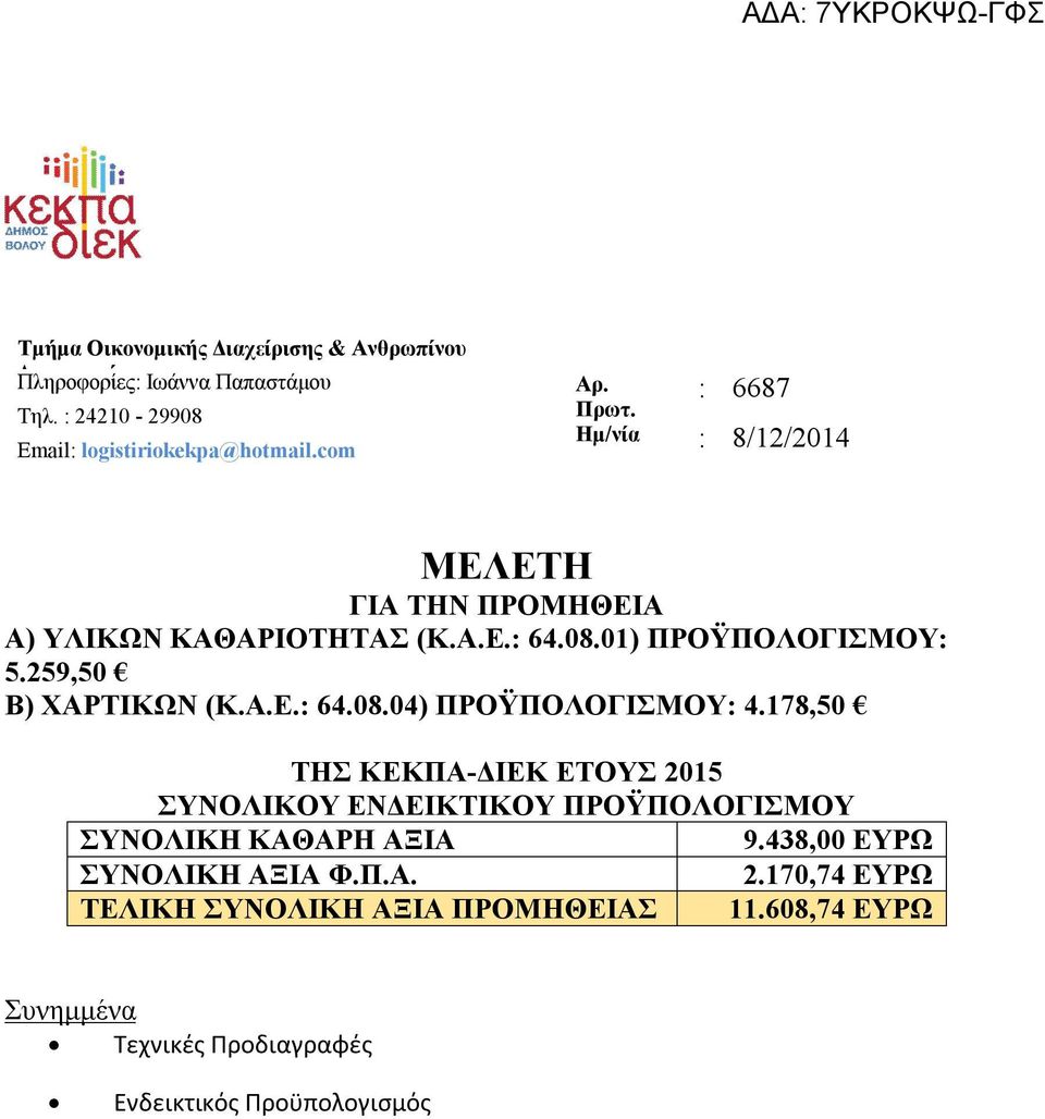 259,50 Β) ΧΑΡΤΙΚΩΝ (Κ.Α.Ε.: 64.08.04) ΠΡΟΫΠΟΛΟΓΙΣΜΟΥ: 4.