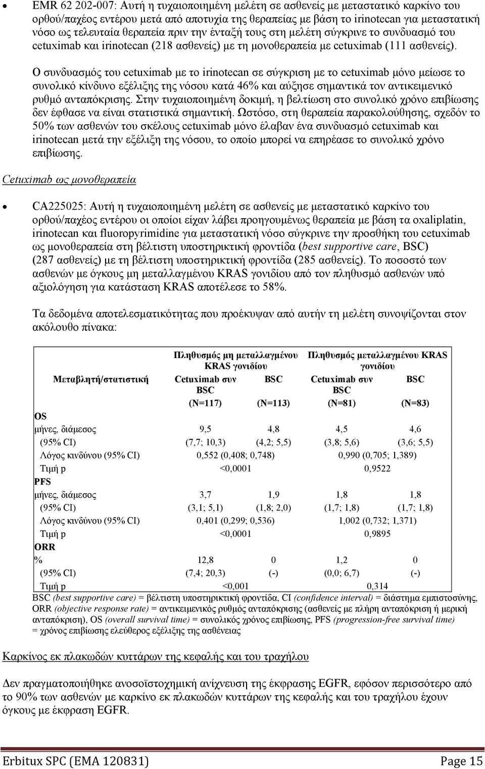 Ο συνδυασμός του cetuximab με το irinotecan σε σύγκριση με το cetuximab μόνο μείωσε το συνολικό κίνδυνο εξέλιξης της νόσου κατά 46% και αύξησε σημαντικά τον αντικειμενικό ρυθμό ανταπόκρισης.