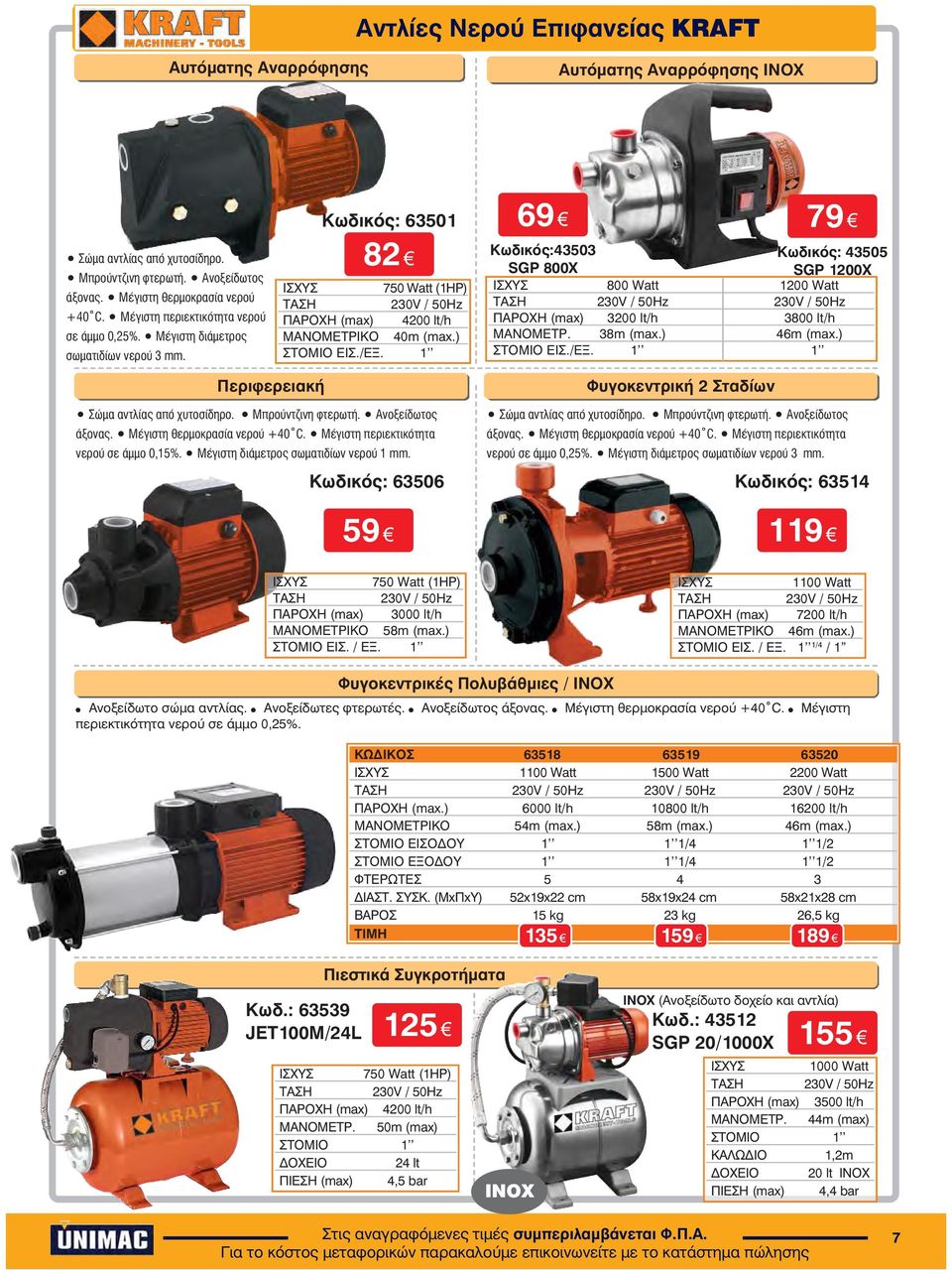 /ΕΞ. 1 69 79 Êùäéêüò:43503 SGP 800X Êùäéêüò: 43505 SGP 1200X ÉÓ ÕÓ 800 Watt 1200 Watt ÔÁÓÇ 230V / 50Hz 230V / 50Hz ÐÁÑO Ç (max) 3200 lt/h 3800 lt/h ÌÁÍOÌÅÔÑ. 38m (max.) 46m (max.) ÓÔOÌÉO ÅÉÓ./ΕΞ. 1 1 Περιφερειακή Óþìá áíôëßáò áðü õôïóßäçñï.