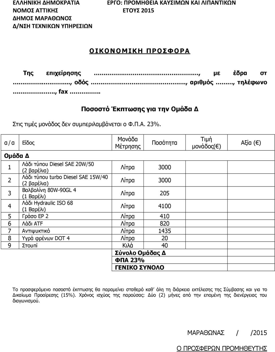 α/α Είδος Οµάδα Μονάδα Μέτρησης Ποσότητα 1 Λάδι τύπου Diesel SAE 20W/50 (2 βαρέλια) Λίτρα 3000 2 Λάδι τύπου turbo Diesel SAE 15W/40 (2 βαρέλια) Λίτρα 3000 3 Βαλβολίνη 80W-90GL 4 (1 Βαρέλι) Λίτρα 205