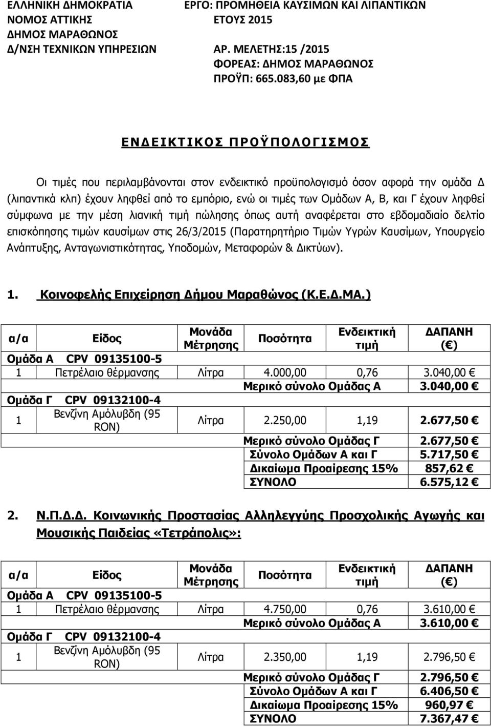 Γ έχουν ληφθεί σύµφωνα µε την µέση λιανική τιµή πώλησης όπως αυτή αναφέρεται στο εβδοµαδιαίο δελτίο επισκόπησης τιµών καυσίµων στις 26/3/2015 (Παρατηρητήριο Τιµών Υγρών Καυσίµων, Υπουργείο Ανάπτυξης,