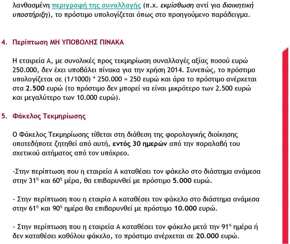 Συνεπώς, το πρόστιμο υπολογίζεται σε (1/1000) * 250.000 = 250 ευρώ και άρα το πρόστιμο ανέρχεται στα 2.500 ευρώ (το πρόστιμο δεν μπορεί να είναι μικρότερο των 2.500 ευρώ και μεγαλύτερο των 10.