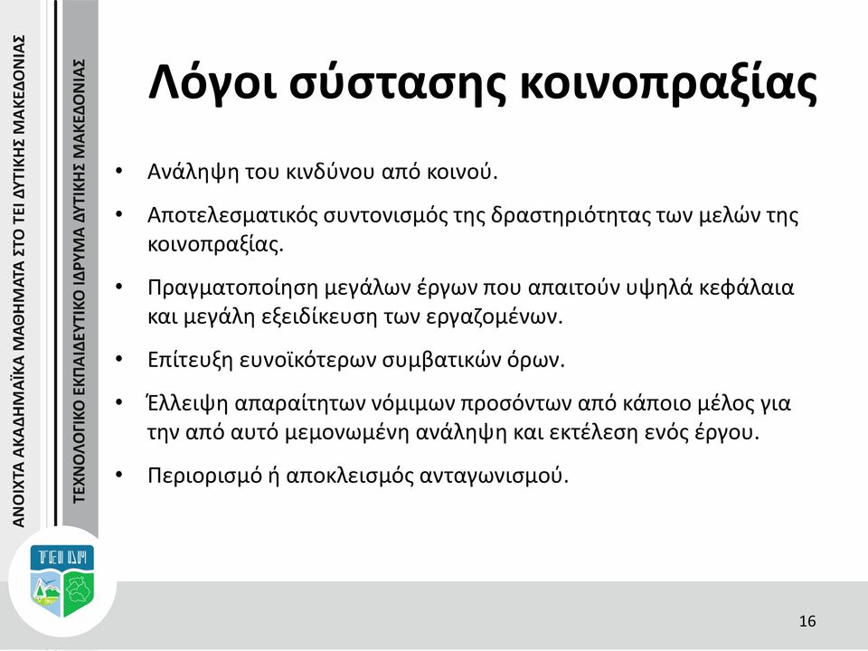 Πραγματοποίηση μεγάλων έργων που απαιτούν υψηλά κεφάλαια και μεγάλη εξειδίκευση των εργαζομένων.