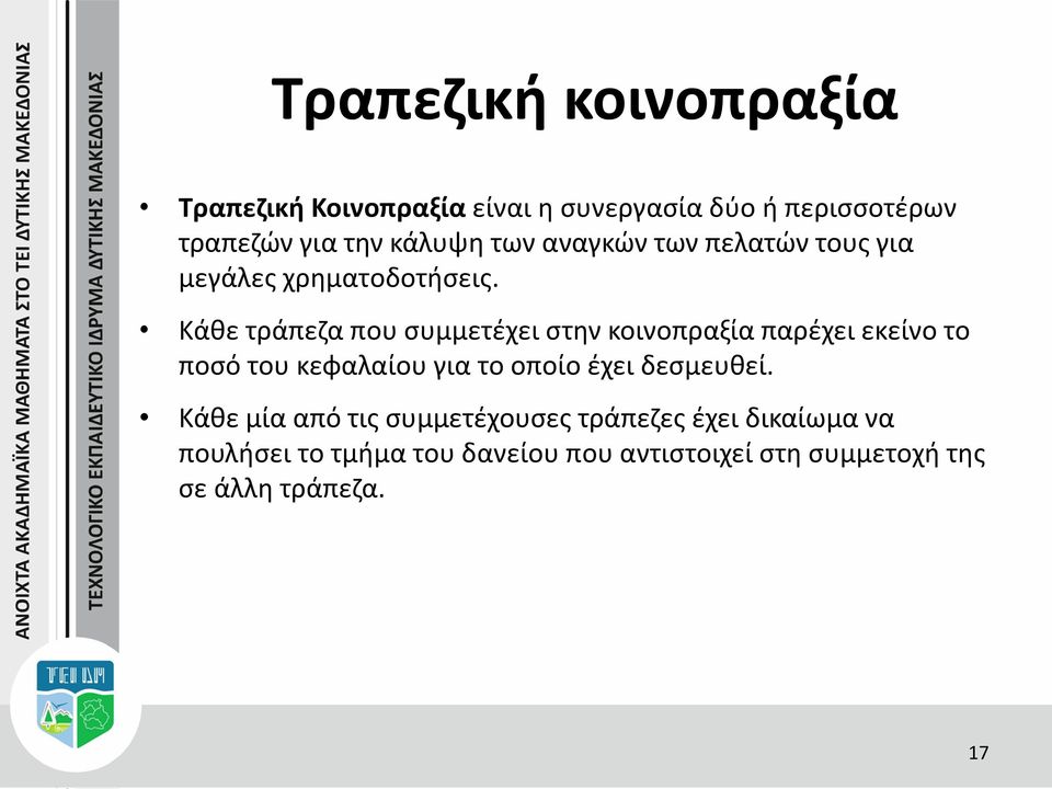 Κάθε τράπεζα που συμμετέχει στην κοινοπραξία παρέχει εκείνο το ποσό του κεφαλαίου για το οποίο έχει