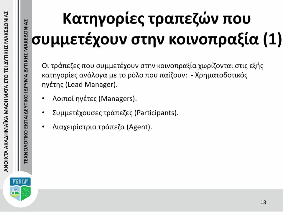 ρόλο που παίζουν: - Χρηματοδοτικός ηγέτης (Lead Manager).