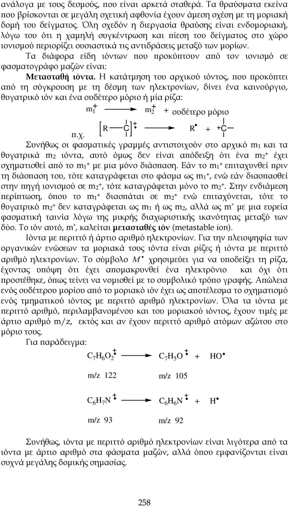 Τα διάφορα είδη ιόντων που προκύπτουν από τον ιονισμό σε φασματογράφο μαζών είναι: Μετασταθή ιόντα.