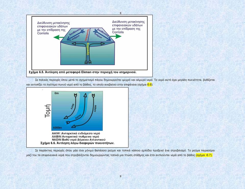 Το νερό αυτό έχει µεγάλη πυκνότητα, βυθίζεται και εκτοπίζει το λιγότερο πυκνό νερό από το βάθος, το οποίο ανεβαίνει στην επιφάνεια (σχήµα 6.